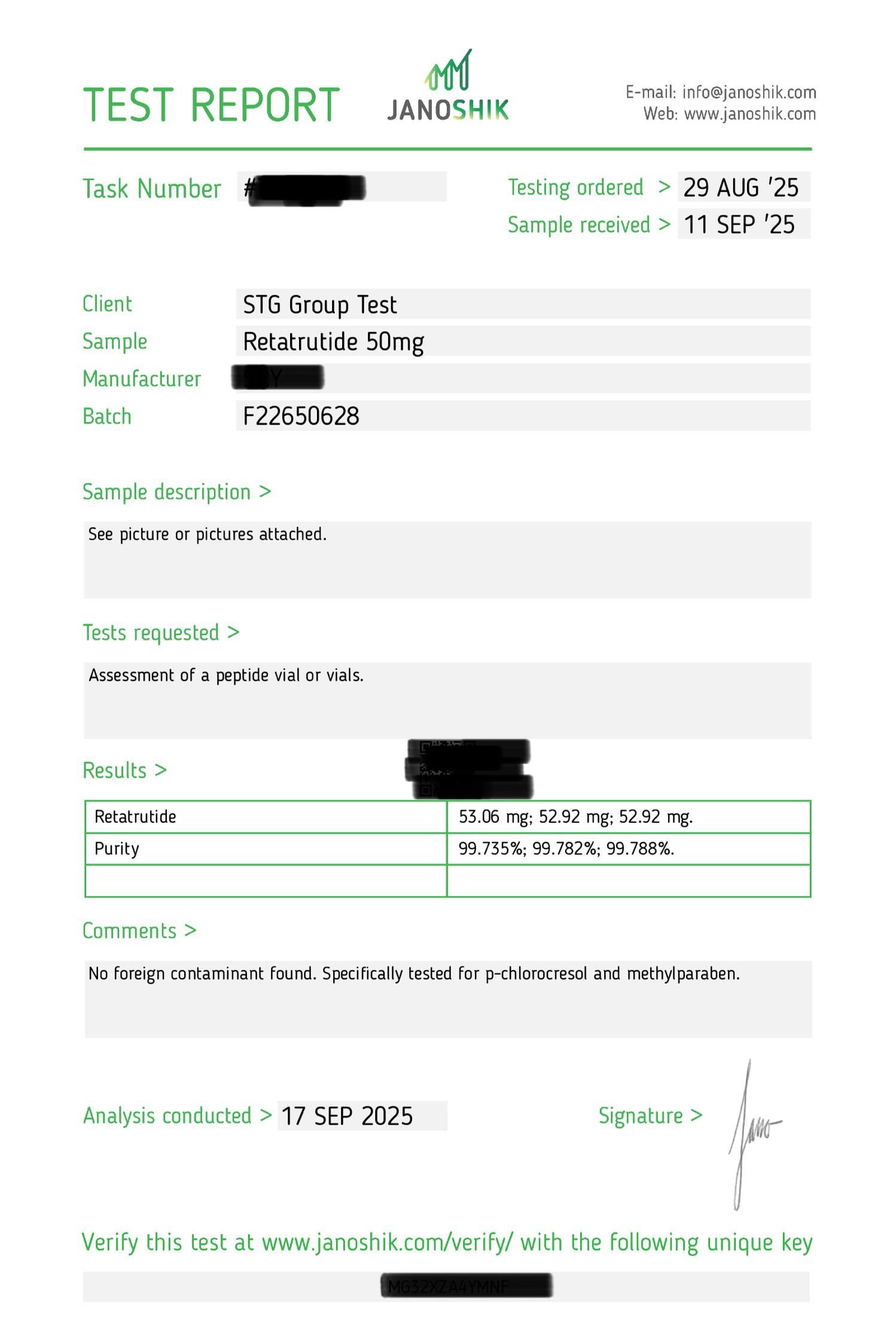 Sample Janoshik Analytical test report showing COA layout with purity results, batch information, and verification key — customer identifying fields redacted for privacy