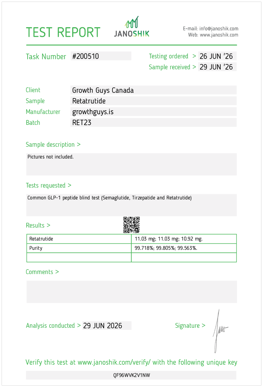 Janoshik COA Blind Test Report — Growth Guys Retatrutide Task #200510