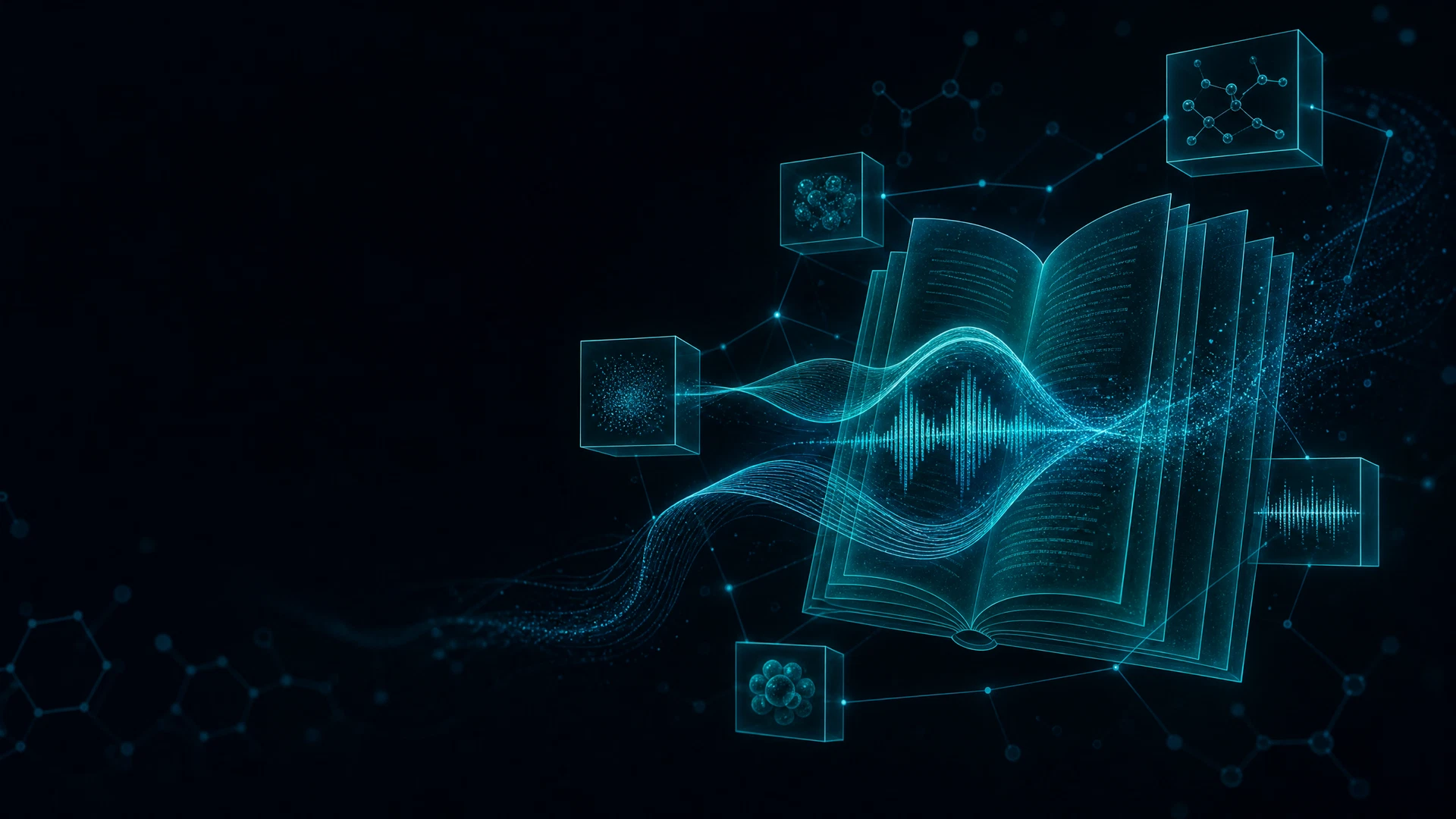 Abstract teal audio waves flowing through a research transcript on a dark background