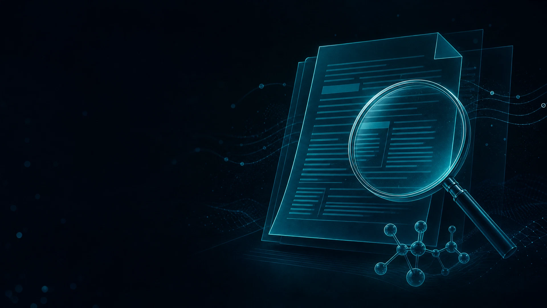 Abstract laboratory document trail and magnifying glass on a dark background