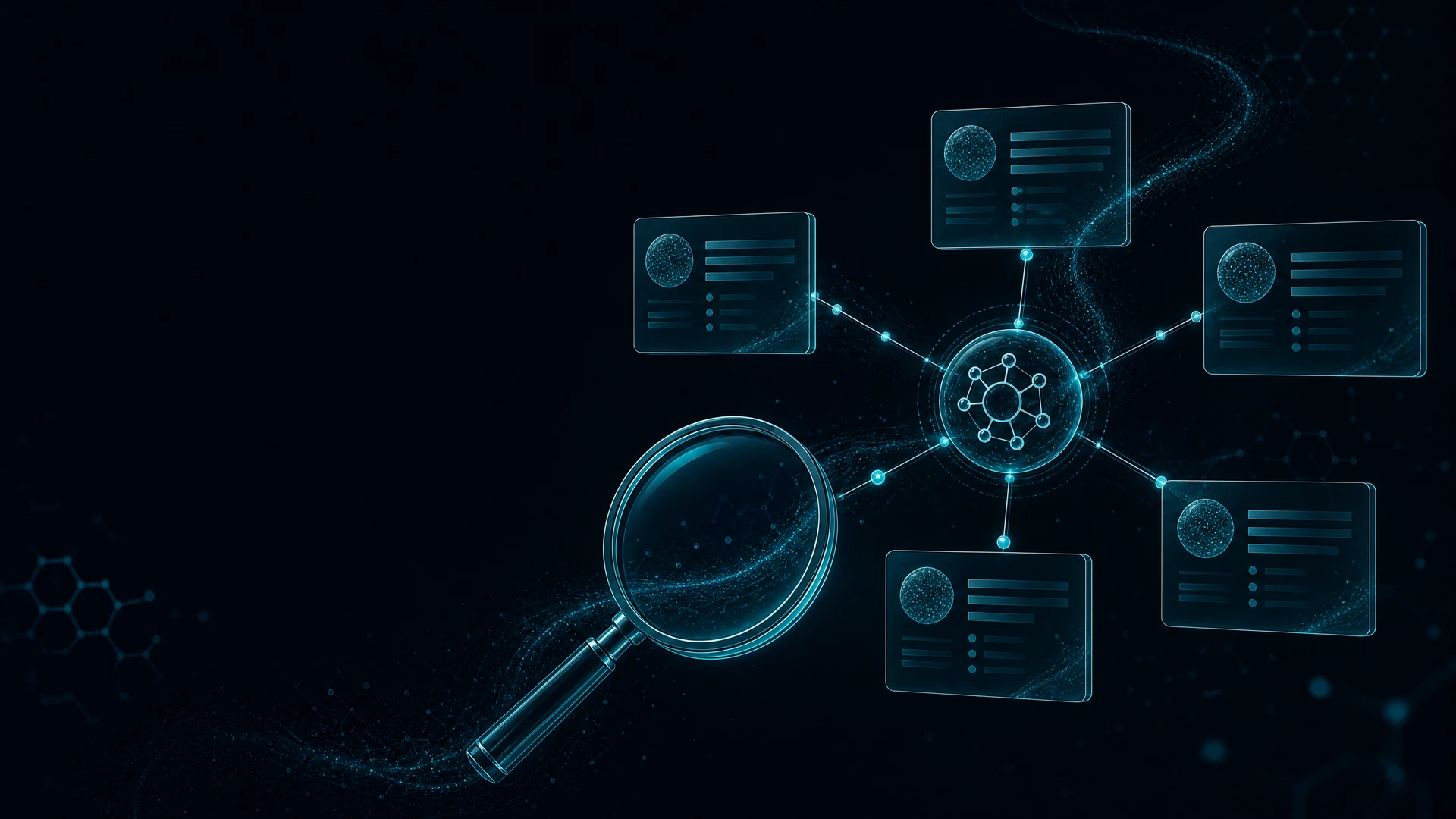 Abstract connected vendor reference cards and a search lens on a dark background